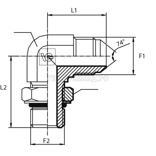 Адаптер 90° JIC(ш) 1.1/16" - Metric(ш) 22X1.5 o.r.+ контргайка (Vitillo SPA)