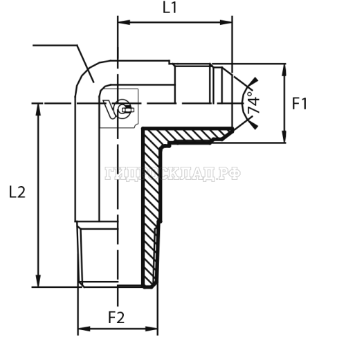 Адаптер 90° JIC(ш) 3/4" - BSPT(ш) 3/8" L2=61 удлин. (Vitillo SPA)