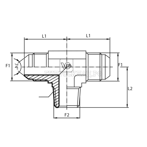 Адаптер тройник  JIC(ш) 3/4" - JIC(ш) 3/4" - BSPT(ш) 3/8" (Vitillo SPA)