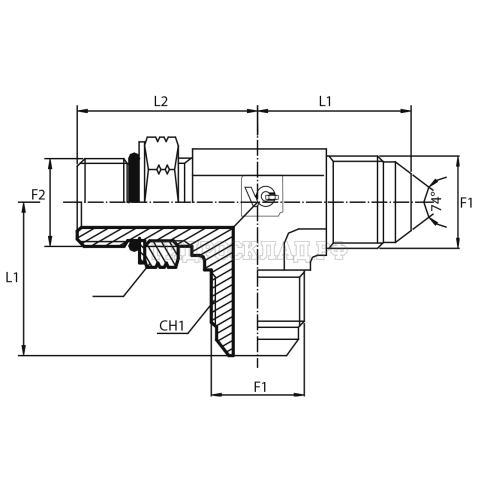 Адаптер тройник  JIC(ш) 1.1/16" - UNF(ш) 3/4" o.r.+ контргайка - JIC(ш) 1.1/16" (Vitillo SPA)