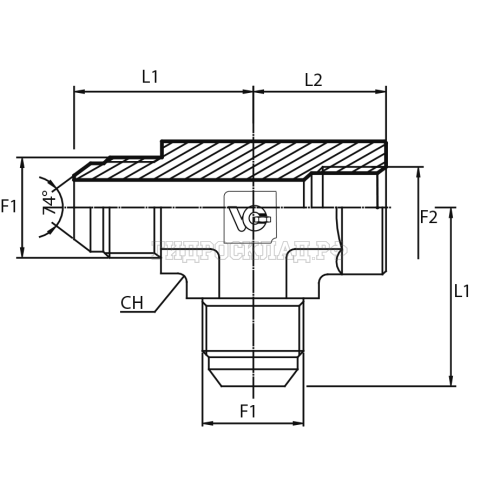 Адаптер тройник  JIC(ш) 1.1/16" - BSPP(F) 3/4"  - JIC(ш) 1.1/16" (Vitillo SPA)