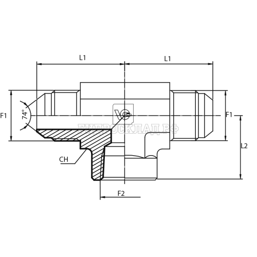Адаптер тройник  JIC(ш) 1.1/16" - JIC(ш) 1/2" - NPT(F) 1.1/16" (Vitillo SPA)